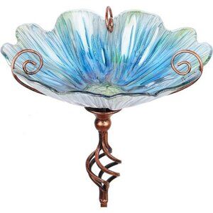 31 Inch Height Glass Birdbath Birdfeeder with Metal Stake Garden Yard